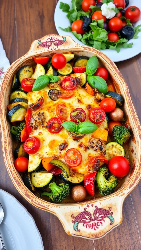 Hearty Vegetarian Casserole Recipe A baked vegetarian casserole with roasted vegetables and cheese, garnished with basil, on a rustic table.